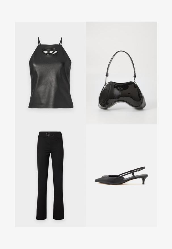 Débardeur en simili cuir noir avec des bretelles fines, un col halter, et un détail en découpe ovale au niveau de la poitrine. Texture lisse, design ajusté.; Pantalons évasés noirs en tissu lisse et extensible. Dotés d'une large ceinture et d'un accent logo noir brillant à l'avant.; Chaussures noires à talon slingback avec un bout pointu, en matériau lisse, dotées d'un petit talon et d'un accent décoratif en argent sur le dessus.; Sac à main en cuir verni noir avec une forme incurvée unique, une anse courte et ajustable, et une fermeture zippée. Texture lisse avec un branding discret.