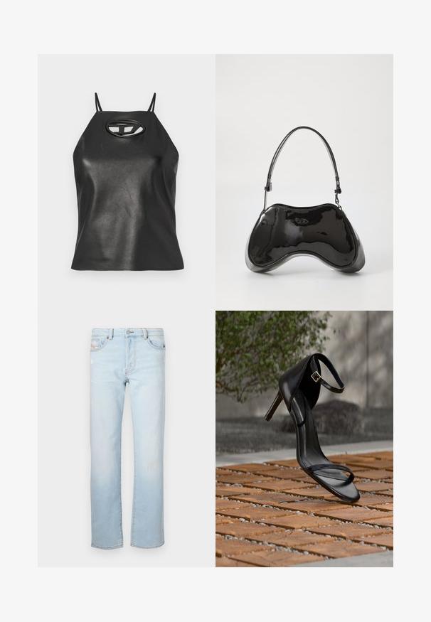 Débardeur en simili cuir noir avec des bretelles fines, un col halter, et un détail en découpe ovale au niveau de la poitrine. Texture lisse, design ajusté.; Jean en denim bleu clair à coupe droite, arborant de légères distresses, cinq poches et une fermeture à bouton.; Sandale noire à talon haut avec sangle à la cheville, suspendue au-dessus d'un sol en carreaux de bois à l'extérieur, avec un arrière-plan flou de verdure et de pierre.; Sac à main en cuir verni noir avec une forme incurvée unique, une anse courte et ajustable, et une fermeture zippée. Texture lisse avec un branding discret.