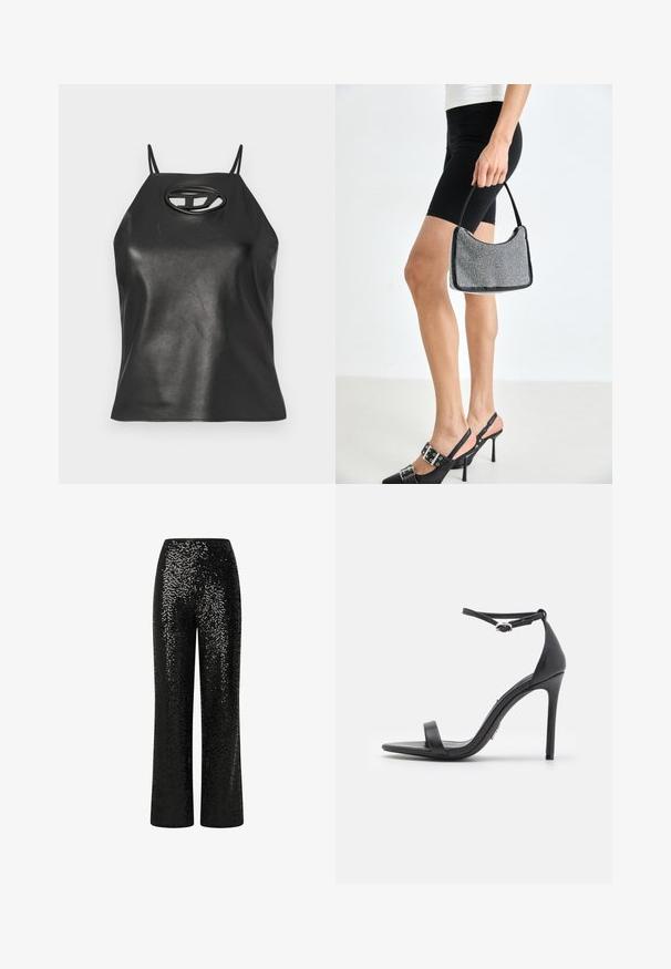 Top sin mangas de cuero sintético negro con tirantes finos, cuello halter y detalle de corte ovalado en el pecho. Textura suave, diseño ajustado.; Pantalones de lentejuelas negras con un diseño de pierna recta, que presentan una cinturilla suave y una textura reflectante, creando un efecto brillante.; Sandalias de tacón alto negras con punta abierta, tiras delgadas y hebilla en el tobillo. Textura de cuero suave con un diseño de punta afilada.; Bolso de cuentas negras con una silueta curva, asa de transporte y textura brillante. Llevado con zapatos de tacón altos negros y pantalones cortos negros ajustados.