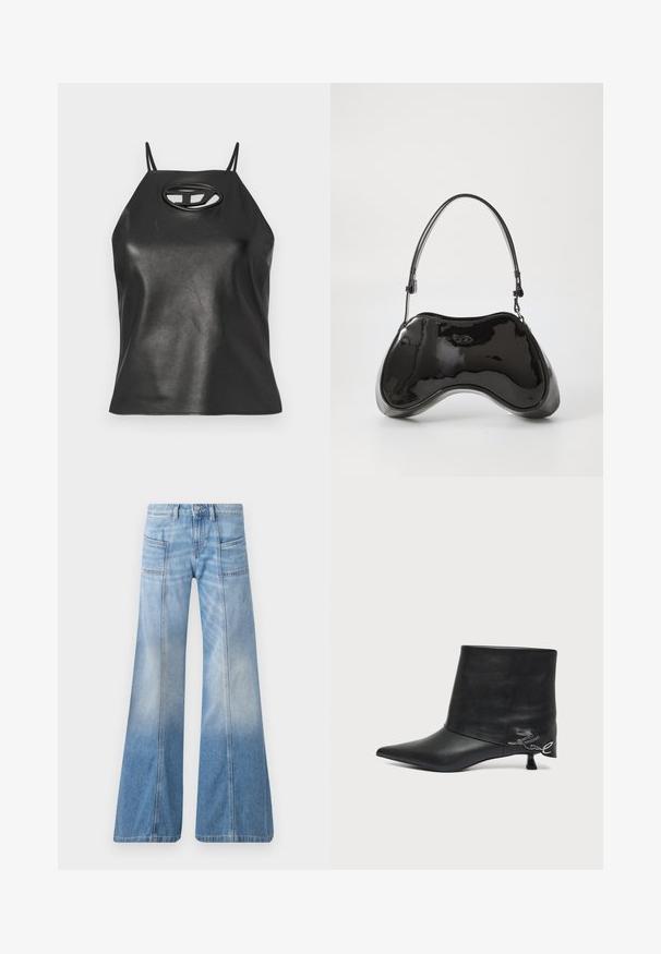 Top sin mangas de cuero sintético negro con tirantes finos, cuello halter y detalle de corte ovalado en el pecho. Textura suave, diseño ajustado.; Vaqueros acampanados de color azul claro hechos de mezclilla. Cuentan con una cintura alta, cuatro bolsillos y un efecto de degradado desvaído hacia el dobladillo.; Botín negro de piel con puntera puntiaguda, tacón bajo tipo «kitten» y detalle de escritura plateada cerca del talón.; Bolso de mano de piel sintética negra con un diseño curvado único, asas cortas y ajustables, y abertura con cremallera en la parte superior. Textura suave con una sutil marca.