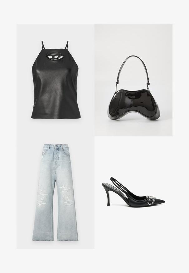 Top sin mangas de cuero sintético negro con tirantes finos, cuello halter y detalle de corte ovalado en el pecho. Textura suave, diseño ajustado.; Jeans de tiro alto de pierna ancha en un tono azul claro, con parches desgastados en los muslos frontales y estilo de cinco bolsillos, sobre un fondo blanco liso.; Zapatos de tacón alto de charol negros con tira trasera y punta afilada, que presentan un detalle de hebilla plateada brillante y un tacón delgado. Textura de cuero suave, diseño minimalista.; Bolso de mano de piel sintética negra con un diseño curvado único, asas cortas y ajustables, y abertura con cremallera en la parte superior. Textura suave con una sutil marca.