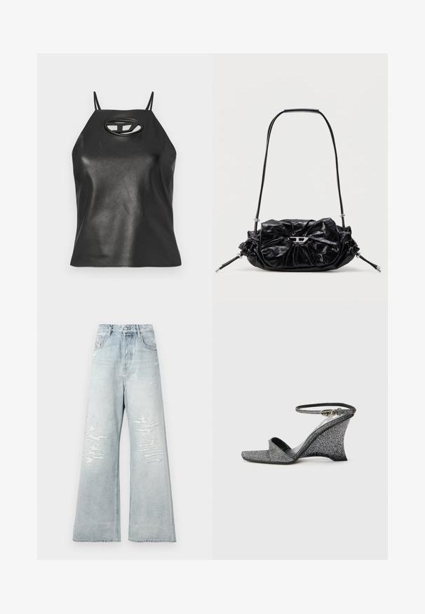 Top sin mangas de cuero sintético negro con tirantes finos, cuello halter y detalle de corte ovalado en el pecho. Textura suave, diseño ajustado.; Jeans de tiro alto de pierna ancha en un tono azul claro, con parches desgastados en los muslos frontales y estilo de cinco bolsillos, sobre un fondo blanco liso.; Sandalia de cuña con brillo plateado, puntera abierta, hebilla dorada en el tobillo, vista lateral sobre fondo claro liso.; Bolso de mano de cuero negro con diseño fruncido y detalle de lazo en la parte frontal. Cuenta con un asa corta y detalles metálicos en color plata.