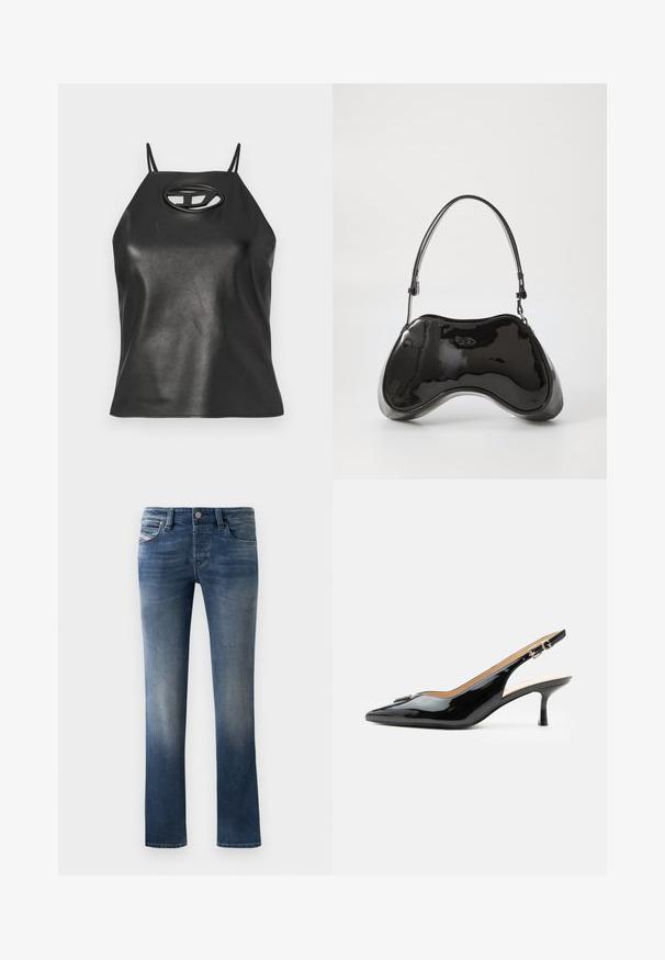 Top sin mangas de cuero sintético negro con tirantes finos, cuello halter y detalle de corte ovalado en el pecho. Textura suave, diseño ajustado.; Jeans de denim azul oscuro con un diseño de pierna recta, que presentan un ligero desgaste en los muslos y un estilo clásico de cinco bolsillos.; Tacón slingback de charol negro con puntera puntiaguda, tacón pequeño tipo kitten y correa con hebilla plateada sobre un fondo blanco liso.; Bolso de mano de piel sintética negra con un diseño curvado único, asas cortas y ajustables, y abertura con cremallera en la parte superior. Textura suave con una sutil marca.