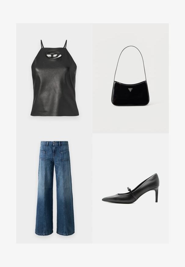 Zwarte faux leren tanktop met dunne bandjes, een halternek en een ovale uitsparing op de borst. Gladde textuur, aansluitend ontwerp.; Wijd been jeans in een vervaagde blauwe denim. Voorzien van vijf zakken, een knoop- en ritssluiting, met zichtbare stiksels en een losse pasvorm.; Zwarte leren pumps met puntige neus, dunne riem en gesp over de wreef, staand op een neutrale lichte achtergrond.; Zwarte schoudertas van lakleer met een smalle band, driehoekig Guess-logo aan de voorkant en een ritssluiting bovenaan.