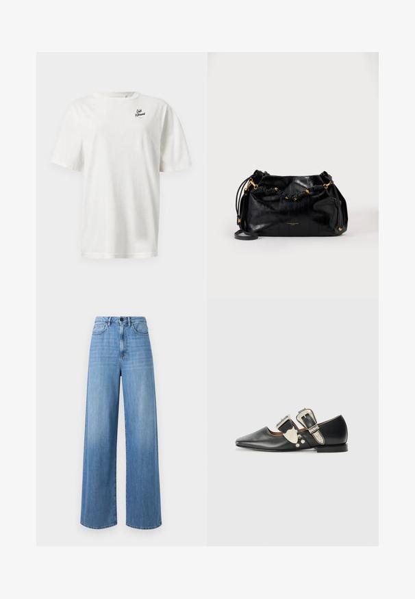 Hvid bomulds t-shirt med korte ærmer, rund hals og et lille sort logo, der står "Café Khauni" på venstre brystområde.; Lyseblå brede jeans lavet af denim, med høj talje, bælte loops, forlommer og kontraststikninger.; Sorte læder flade sko med spidse tå, sølv spænde detaljer og dekorative nitter. Har en lav hæl og glat tekstur.; Sort læderhåndtaske med knyttet håndtag og guldfarvet hardware, med aftagelig skulderrem og subtil præget tekstur.