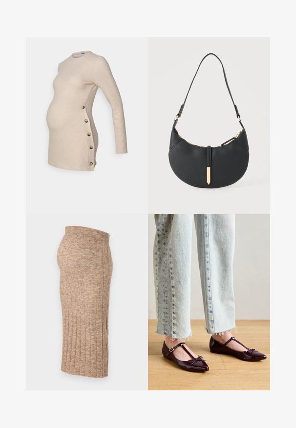 Vestido de maternidad beige de manga larga con forma ajustada, que presenta botones en los laterales y una tela suave y texturizada.; Falda marrón de canalé con cintura elástica, de longitud hasta la rodilla, con una textura suave y un patrón consistente, vista lateral presentada sobre un fondo blanco.; Zapatillas de ballet brillantes en color burdeos con tira en T y detalle de lazo en la punta. Combinadas con vaqueros de mezclilla azul claro y corte cropped.; Bolso negro en forma de media luna con una sola correa, cremallera dorada y una lengüeta decorativa rectangular dorada en la parte delantera.