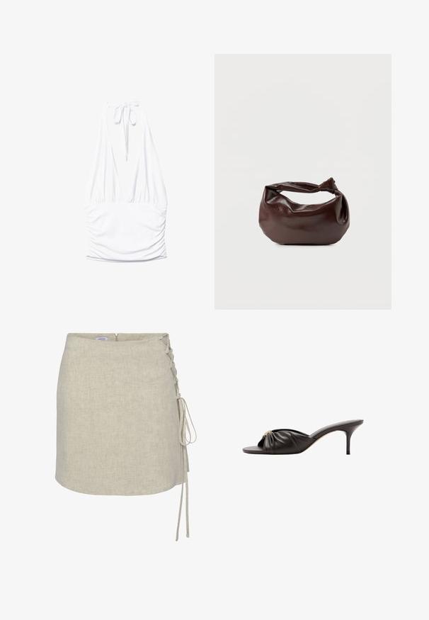 Stradivarius GATHERED HALTER TOP - Top - white; Beige linnedraperet nederdel med en snørredetalje på venstre side, lige snit og lynlås i ryggen. Glat, tekstureret stof.; Sort læder mule med åben tå, rynket overdel, slank mellemhøj hæl og guldfarvet spænde.; Mørkebrun læder skuldertaske med en blød, afslappet form og et snoet knudehåndtag på en ensartet hvid baggrund.