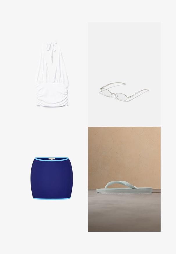 Stradivarius GATHERED HALTER TOP - Top - white; Mørkeblå mini nederdel med lyseblå kant på toppen og bunden, præsenteret på en hvid baggrund.; Enkel lysebeige gummiflipflop med tekstureret fodseng og Y-formet rem mod en ensfarvet grå baggrund.; Ovale briller med en metallisk sølvramme, klare linser og strukturerede perleaccentede stænger. Letvægtsdesign med buede arme.