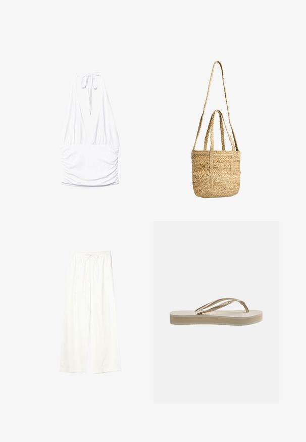 Stradivarius GATHERED HALTER TOP - Débardeur - white; Pantalon blanc à jambes larges avec taille élastique et cordon de serrage, en tissu léger.; Sandale tongs beige avec semelle texturée et bride en forme de Y métallique dorée sur fond blanc.; Sac cabas en paille tressée naturelle avec deux poignées courtes et une longue bandoulière, forme rectangulaire, couleur beige, motif texturé.