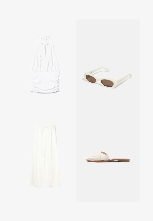Stradivarius GATHERED HALTER TOP - Débardeur - white; Pantalon blanc à jambes larges avec taille élastique et cordon de serrage, en tissu léger.; Des sandales plates beige clair avec des brides croisées, une tige synthétique lisse et une semelle en caoutchouc plate marron. Aucune ornementation ni motif.; Lunettes de soleil crème avec des verres en forme ovale, teintés de brun, dotées d'une finition brillante et d'un discret logo "Vogue" sur le côté.