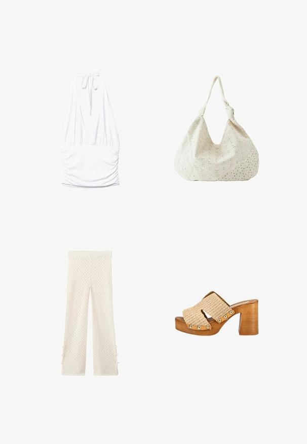 Stradivarius GATHERED HALTER TOP - Débardeur - white; Pantalon large écru en tissu tricoté texturé avec des détails de boutons sur les coutures extérieures, sur fond uni.; Mule tressée beige avec talon plateforme en bois et accents de clous dorés le long de la garniture en cuir.; Sac à épaule en tissu couleur crème avec broderie florale à œillets et une seule bandoulière souple.