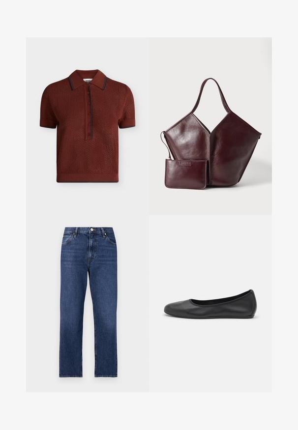 Kortærmet tekstureret brun strikket poloshirt med knaplukning og sort kant på krave og ærmekanter, vist mod en ensfarvet baggrund.; Denim jeans i en mørkeblå vask. Lige ben-design med fem-lomme stil, front lukning med knap og kontrasterende syning.; Sort læderballetsko med rund tå, glat tekstur, minimal syning og et fleksibelt såldesign.; Mørkebrun læderhåndtaske med enkelt håndtag og en matchende lille lynlåspung placeret foran på en lys baggrund.