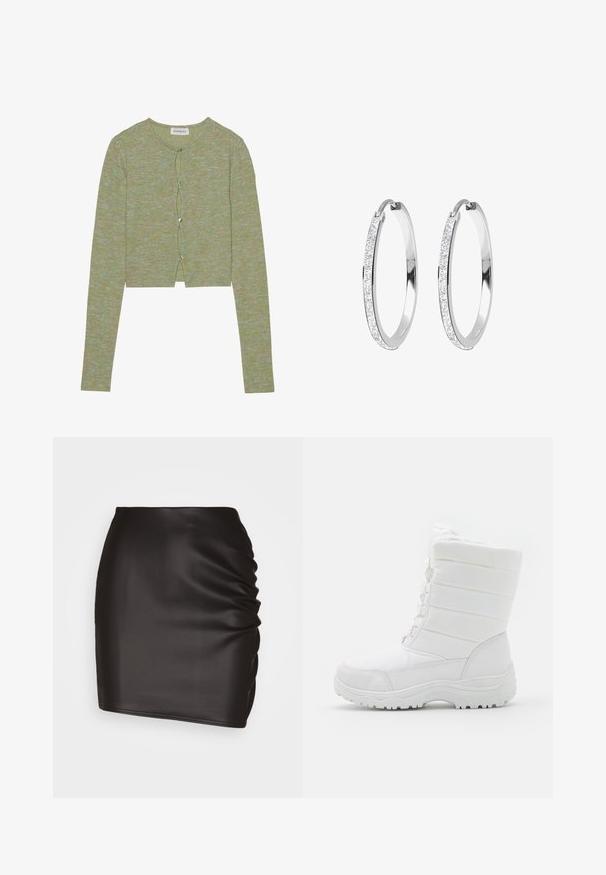Grønne ribbede cardigan med en cropped design, der har lange ærmer og fem grønne knapper foran, tekstureret stof.; Sort mini skirt lavet af glat syntetisk materiale, med rynket detaljer på den ene side og en tætsiddende silhuet.; Hvide vandtætte vinterstøvler med en polstret overdel, tekstureret design, justerbare snørebånd og en robust gummisål for godt fæste.; Sølv hoop øreringe med en række indlagte klare sten langs den ene kant, der fremhæver en strømlinet, poleret finish og rund design.