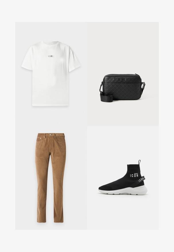 Camiseta blanca de manga corta con un pequeño gráfico rectangular en blanco y negro centrado en el pecho.; Pantalones de pana marrones con un corte ajustado, que cuentan con cinco bolsillos, cierre de botón y detalles de costura a lo largo de las costuras.; DSQUARED2 ICON Zapatillas altas - nero/bianco; Bolso crossbody negro de textura con patrón geométrico en relieve y correa ajustable que presenta el logotipo de la marca.