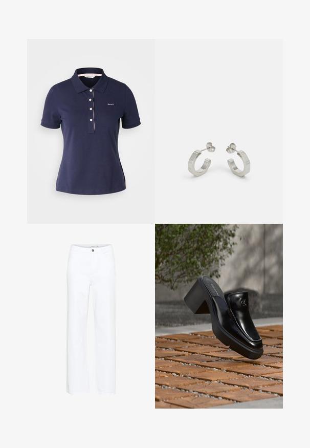 Mørkeblå bomulds polo-skjorte med klassisk krave, tre knapper og en lyserød detalje langs kraven. Har et lille logo på brystet.; Hvide brede jeans i denim. Har en knaplukning og traditionelt fem-pockets design. Glat tekstur med en ren finish.; Sort læder Calvin Klein slip-on mule med blokhæl, der hviler på trætøj udendørs nær en grøn plante og en grå væg.; Sølv metal hoop øreringe med et tekstureret design, der har en lille post bagpå og branding på en af øreringene. Rund form med en poleret overflade.