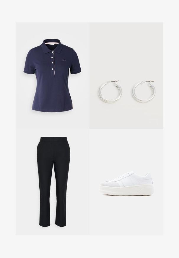 Ναυτικό μπλε βαμβακερό polo shirt με κλασικό γιακά, τρία κουμπιά και ροζ διακοσμητική λεπτομέρεια γύρω από τον γιακά. Διαθέτει μικρό λογότυπο στο στήθος.; Μαύρο προσαρμοσμένο παντελόνι με ίσια γραμμή, κατασκευασμένο από λείο ύφασμα. Διαθέτει ζώνη χωρίς ορατούς κλειδώματα ή τσέπες.; Λευκό sneaker χαμηλού τύπου με δέσιμο με κορδόνια, παχύ σόλα πλατφόρμας και σουέντ διακοσμητικό στην μύτη, εμφανιζόμενο από το πλάι σε απλό φόντο.; Ζευγάρι μεσαίου μεγέθους γυαλιστερά ασημένια σκουλαρίκια κρίκοι με λεπτά μεταλλικά κλείστρα σε ανοιχτό ουδέτερο φόντο.