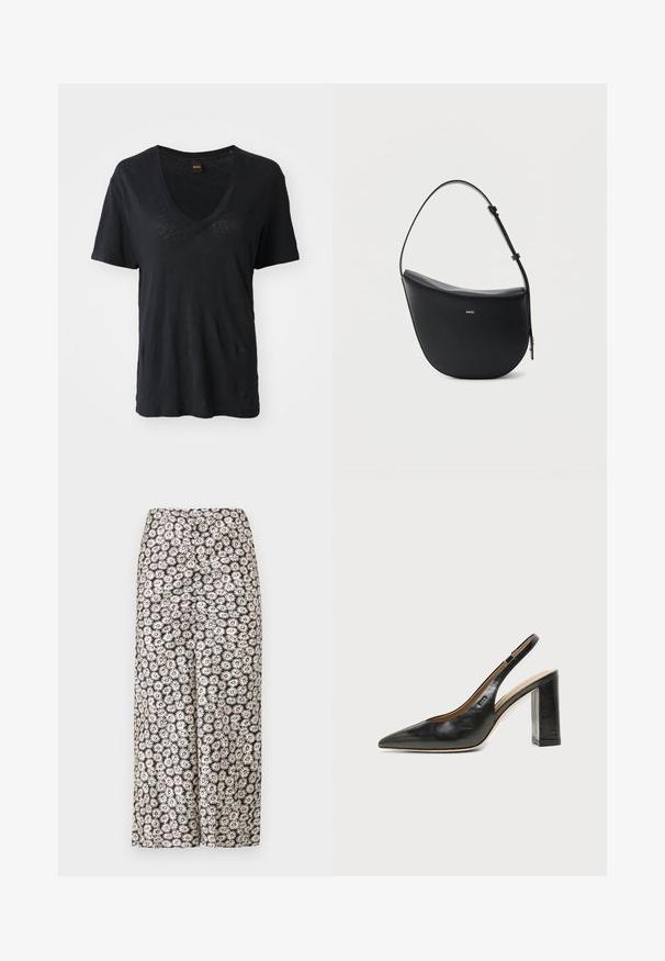 T-shirt noir à manches courtes avec col en V, fabriqué en tissu doux, présentant une coupe décontractée et des détails texturaux discrets à l'avant.; Pantalons larges floraux avec un fond noir orné de marguerites blanches et d'accents rouges, fabriqués en tissu léger avec une texture lisse.; Chaussure slingback en cuir noir à bout pointu avec un talon bloc haut et une doublure intérieure beige sur un fond clair uni.; Sac à bandoulière en cuir noir en forme de demi-lune avec une bandoulière réglable et le logo doré « BOSS » centré sur le devant.