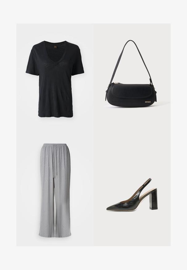 Camiseta negra de manga corta con cuello en V, hecha de una tela suave, con un corte holgado y un sutil detalle texturizado en la parte frontal.; Pantalones de pierna ancha de color gris claro, hechos de una tela suave, con una cintura elástica y cordón de ajuste, y sutiles patrones diagonales.; Zapato slingback de piel negra con puntera puntiaguda, tacón alto y ancho, y forro interior beige sobre un fondo claro y liso.; Bolso de hombro de cuero negro con solapa curva, logo dorado "HUGO" en el frente y una correa ajustable.