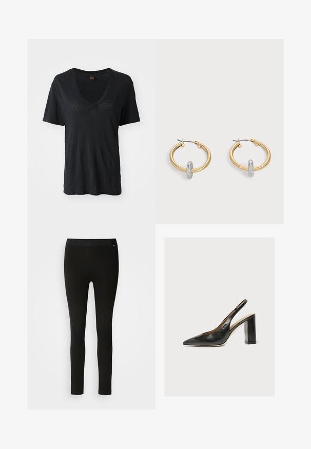 Sort kortærmet V-hals T-shirt lavet af blødt stof, med en afslappet pasform og subtile teksturdetaljer på forsiden.; Sorte leggings med en glat tekstur, featuring en fleksibel talje og diskret sømdetalje. Ingen mønstre eller hardware er til stede.; Sort dameslingback pumpe i læder med spids tå og tyk høj blokhæl på hvid baggrund.; Par guldtonede hoop øreringe med lille sølvfarvet loop-detalje på hver, vist mod lysegrå baggrund.