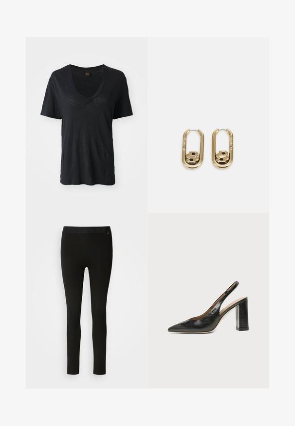 Sort kortærmet V-hals T-shirt lavet af blødt stof, med en afslappet pasform og subtile teksturdetaljer på forsiden.; Sorte leggings med en glat tekstur, featuring en fleksibel talje og diskret sømdetalje. Ingen mønstre eller hardware er til stede.; Sort læder peep-toe slingback sko med høj blokhæl og beige indvendig foring mod en ensfarvet lys baggrund.; BOSS DOUBLE B SWING - Øreringe - gold-coloured