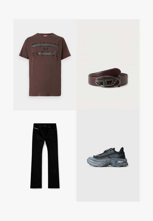 Brun bomulds-T-shirt med sort grafisk tekst "PROPERTY OF D" og et tekstureret gråt element hen over brystet. Korte ærmer, afslappet pasform.; Sorte straight-leg jeans med frontknap og lynlås, for- og baglommer samt en hvid etiket synlig i den højre forlomme.; Sort og grå Diesel sneakers med tyk sål, snørrebåndslukning og tekstureret design på en ensfarvet lysegrå baggrund.; Brunt læderbælte med en tekstureret overflade og en oval metalspænde med en grønlig patina. Bæltet er bredt og robust i sit design.