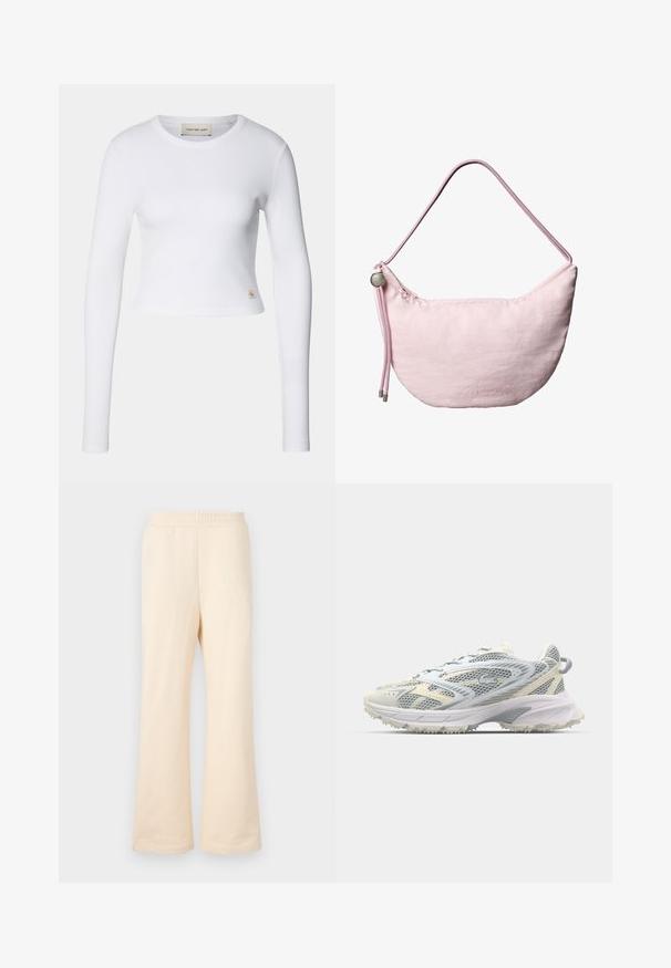 Weißes Langarm-Crop-Top aus geripptem Stoff. Verfügt über einen runden Halsausschnitt und ein kleines Logo-Tag auf der linken unteren Seite.; Beige weite Sweatpants aus weicher Baumwolle mit einem elastischen Bund und einem dezenten gestickten Logo auf der linken Vorderseite.; Mesh-Sportschuh in Grau und Creme, mit strukturiertem Obermaterial, verstärkter Spitze und einer hellen, robusten Laufsohle für besseren Halt.; Weiche, rosafarbene Schultertasche in Mondsichelform mit verstellbarem Kordelriemen, Metallstopper und dezentem, geprägtem "cK"-Logo in der Mitte vorne.