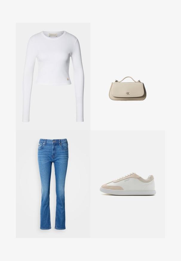 Valge pikakäistega lühike topp, mis on valmistatud ribakudumist. Omab ümmargust kaelust ja väikest logo silti vasakul allpool.; Sinine denim flared teksapüksid keskmise tõusuga vöökoht, millel on klassikaline viie tasku disain ja õrn pleekinud tekstuur põlvedel.; Valged nahast tennisekad koos beežide soeakentega ja valgetest lipsudest. Omab ümarat varvaski ja pehmendatud tallatootet mugavuse tagamiseks.; Väike beež nahast käekott ülemise sangaga ja hõbedase CK logoga esiklapil, valgel taustal.