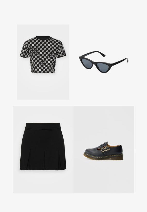 Camiseta corta de manga corta en negro con un patrón geométrico blanco, con cuello redondo y textura de tela suave.; Even&Odd Minifalda - black; Zapato de cuero negro con dos correas de hebilla, detalles perforados, puntera redondeada y un acento de costura amarilla alrededor de la suela.; Gafas de sol negras en forma de ojo de gato con lentes gris oscuro, marco de plástico elegante, esquinas puntiagudas y patillas rectas. Sin herrajes ni acentos visibles.