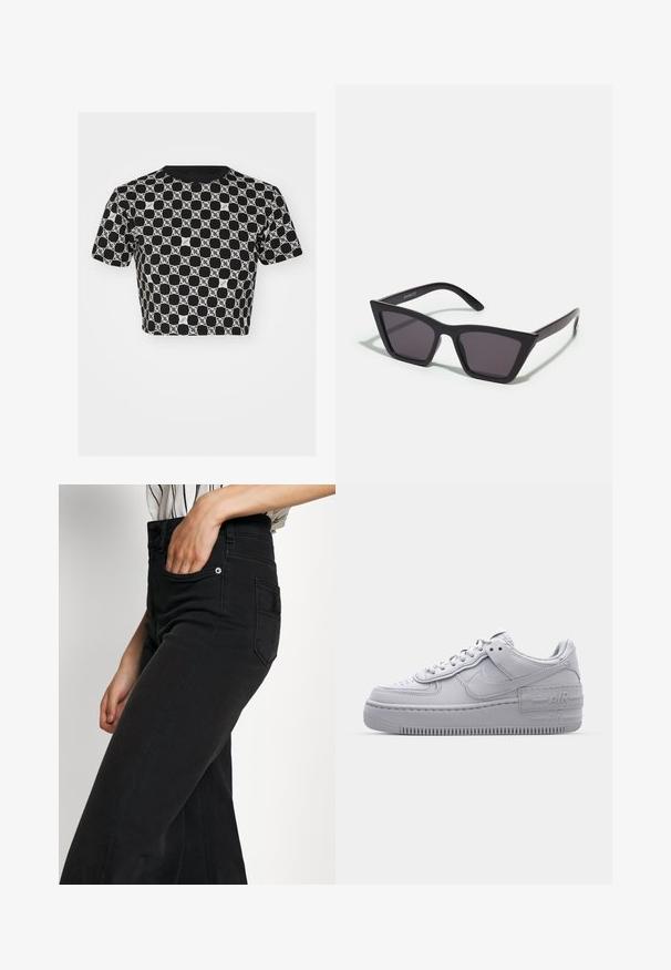 Korte mouwen crop-top in zwart met een wit geometrisch patroon, met een ronde halslijn en een zachte stoftextuur.; Zwarte denim wijde pijpen jeans met een hoge taille, een voorzak en een achterzak met patch. Gladde textuur met minimale stiksel details.; Grijze Nike Air Force 1 sneaker met geperforeerde neus, glad leren bovenwerk, dikke zool en verhoogde 'AIR' details op de hiel.; Zwarte, hoekige zonnebril met grijze lenzen; gemaakt van plastic, met dikke armen met een gladde oppervlakte en zonder zichtbare hardware.