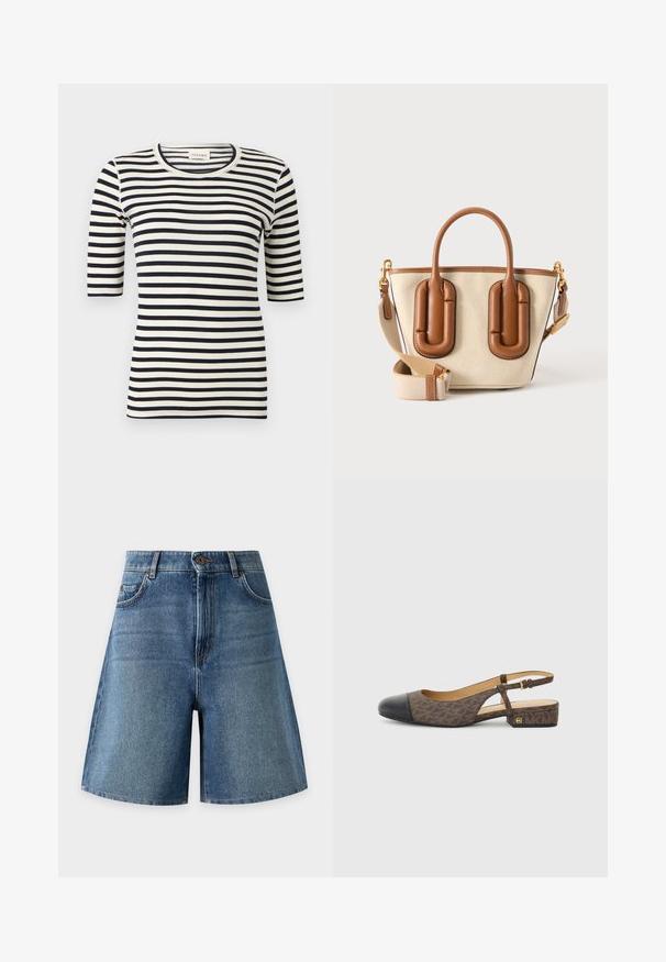 Zwart-wit horizontaal gestreept aansluitend shirt met ellelange mouwen en ronde hals.; Blauwe denim shorts van gemiddelde lengte met knoop aan de voorkant, rits, riemlussen en twee zakken tegen een effen lichte achtergrond.; Slingback schoen met een bruine gestreepte stoffen bovenkant en een zwarte leren neus. Heeft een kleine blokhak en een gespstrap.; Beige canvas handtas met bruine leren handvatten en accenten, met een afneembare beige stoffen schouderband met gouden hardware.