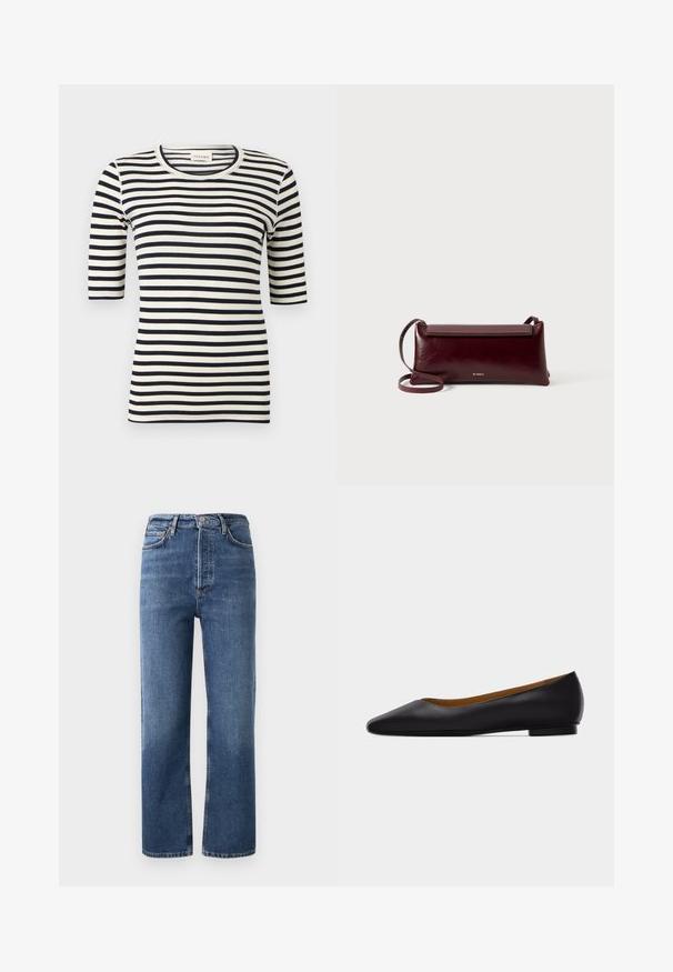 Chemise ajustée à rayures horizontales noires et blanches avec manches jusqu'au coude et col rond.; Jeans taille haute en denim bleu, avec une coupe droite, cinq poches et des détails en métal cuivré. Texture lisse et design classique.; Chaussure plate en cuir noir à bout pointu avec talon bas et finition lisse, vue de côté sur un fond gris clair.; Sac à bandoulière en cuir bordeaux avec une texture lisse, de forme rectangulaire, fermeture à rabat et une fine sangle réglable. Détail du logo doré visible.