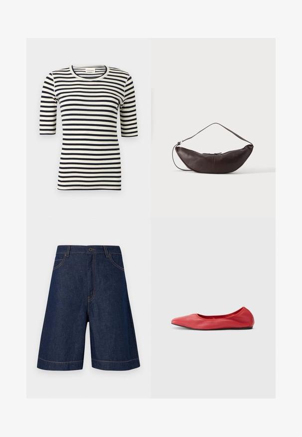 Chemise ajustée à rayures horizontales noires et blanches avec manches jusqu'au coude et col rond.; Short en denim bleu foncé avec bouton sur le devant, passants de ceinture et surpiqûres contrastées, présenté sur un fond clair unicolore.; Filippa K REY FLATS - Ballerines - bright red; Sac d'épaule en cuir marron foncé en forme de croissant avec une lanière courbée et des coutures visibles sur fond uni.
