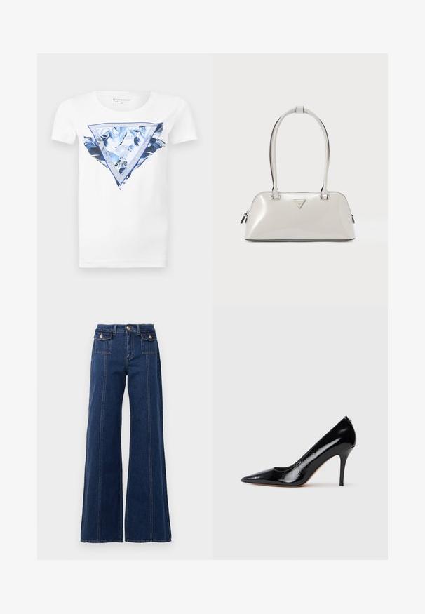 Camiseta blanca de manga corta con diseño de hojas tropicales azules y un gran logo de Guess dentro de un triángulo azul en la parte delantera.; Jeans de denim de pierna ancha en azul oscuro. Cuenta con cuatro bolsillos, grandes detalles de costura y un diseño de cintura alta. Cierre clásico de botón.; Zapato de salón de charol negro con tacón alto y punta afilada, con textura suave y tacón de aguja delgado. Sin herrajes visibles.; Bolso brillante de color gris claro con forma redondeada, asas dobles y un logo triangular. Cuenta con cierre de cremallera y detalles metálicos.