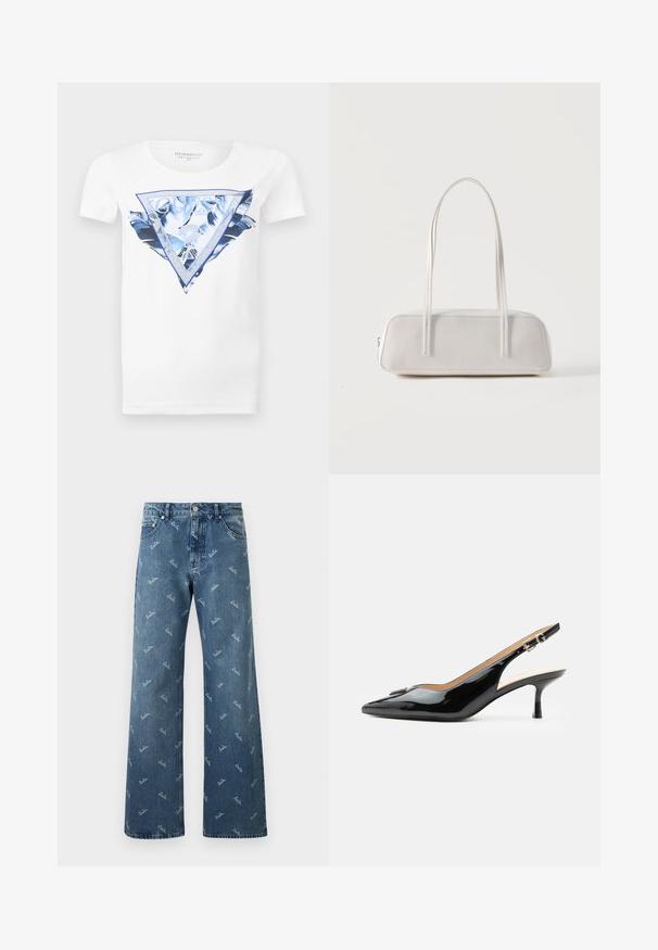 Hvid T-shirt med korte ærmer, blå tropisk bladdesign og stort Guess-logo inde i en blå trekant på fronten.; Lyseblå denimjeans med bred bendesign, prydet med et gentaget 'lala' logo-mønster i hvid og en klassisk fem-lomme stil.; Sort patentlæder slingback hæl med spids tå, lille kitten hæl og sølvspænde på en ensartet hvid baggrund.; Hvid rektangulær skuldertaske med lange tynde stropper, minimal syning og lynlåslukning på en ensfarvet baggrund.
