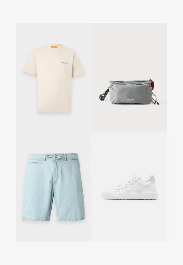 Replay Inc. ESSENTIAL LOGO UNISEX - Lihtne T-särk - ivory; Heledad sinise denimi lühikesed püksid, millel on elastne vöökoht ja nöördetail, külje taskud ning vabalt langev lõige. Sile tekstuur, juhuslik disain.; Valged nahast spordijalatsid siledast nahast viimistlusega, ümarate varvastega, lamekestega ja tekstuuriga tallaga. Hall suede aktsent kanna juures.; Hall ristkülikukujuline kotike lukuga, ühel küljel must-valge köis-käepide ja ees keskel „ONLY & SONS“ tekst.