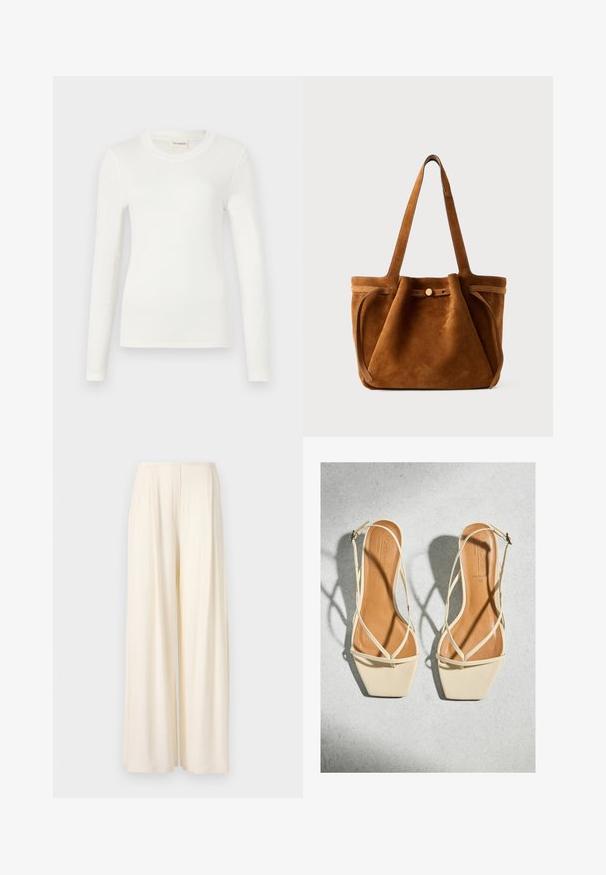 Wit langslib T-shirt gemaakt van zachte stof, met een ronde halslijn en een getailleerde pasvorm. Minimalistisch ontwerp zonder patronen of accenten.; Norma Kamali MENS PLEAT - Broek - cream; Beige open-toe damessandalen met dunne gekruiste bandjes en vierkante neuzen op een lichtgrijze ondergrond.; Bruine suède totebag met dubbele handvaten, een knoopsluiting en een ontspannen, iets slonzige vorm.