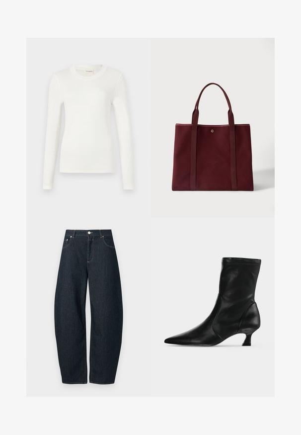 Langærmet hvid t-shirt lavet af blødt stof, med rund halsudskæring og et tætsiddende snit. Minimalistisk design uden mønstre eller accenter.; CLOSED JAZZIE - Jeans Relaxed Fit - dark blue; Sort læderstøvle til midt på læggen med spids tå og lav kittenhæl, vist fra siden på en ensartet lys baggrund.; Mørkerød stofnettaske med to lange håndtag og en lille rund metal knap nær toppen i midten mod en ensfarvet baggrund.