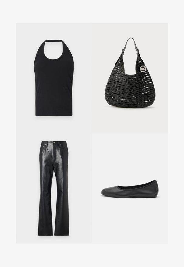 CLOSED NECK HOLDER - Top - black; Sorte læderbukser med en glat tekstur, design med udvidede ben, lynlås foran og bæltestropper. Har diskrete stikninger som accent.; Sort læderballetsko med rund tå, glat tekstur, minimal syning og et fleksibelt såldesign.; Sort flettet hobo-taske med læderhåndtag, sølv Michael Kors logohængsmykke og lille logoplaket foran.