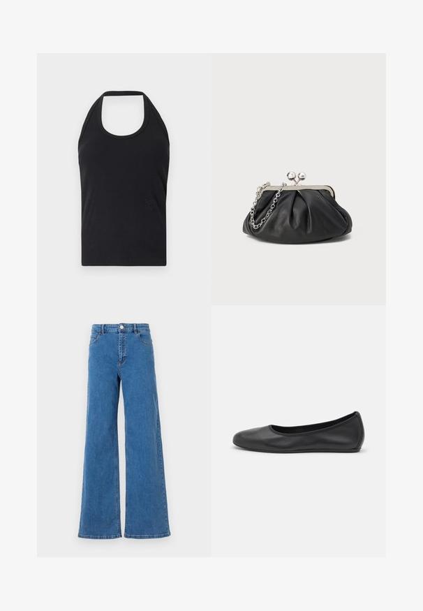 CLOSED NECK HOLDER - Topp - black; Laiad sinised denim püksid kõrge vöökohaga, ees taskud ja nööbiga kinni. Kanga pind on sile ja klassikaline õmblusmustritega.; Musthave mustika tantsutossud mustast nahast, ümmarguse varbaga, siledast tekstuurist, minimaalse õmblusdetailiga ja paindliku tallakujundusega.; Musthave musta nahast käekott, millel on volditud tekstuur, hõbedane metallraam, lukustatud sulgemismehhanism ja kett. Sile ja pehme pind.