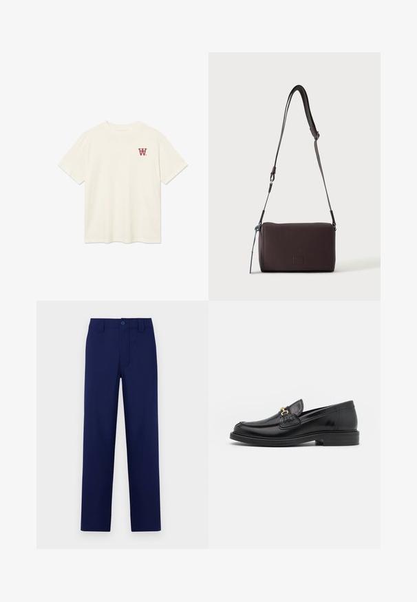 Off-White T-Shirt mit kurzen Ärmeln und Rundhalsausschnitt in Elfenbeinfarbe, mit kleinem roten "W"-Logo auf der linken Brust.; Marineblaue Hose mit Knopf und Reißverschluss, geradem Schnitt, flachem Bund und seitlichen Taschen; aus glattem, leichtem Material gefertigt.; Schwarze Lederleter mit einer abgerundeten Zehenpartie, ausgestattet mit goldenen Hardwareakzenten und Stichdetails, auf einer niedrigen, strukturierten Gummisohle.; Dunkelbraune, strukturierte Leder-Crossbody-Tasche mit verstellbarem Riemen und kleinem dekorativen blauen Akzent an der Seite.