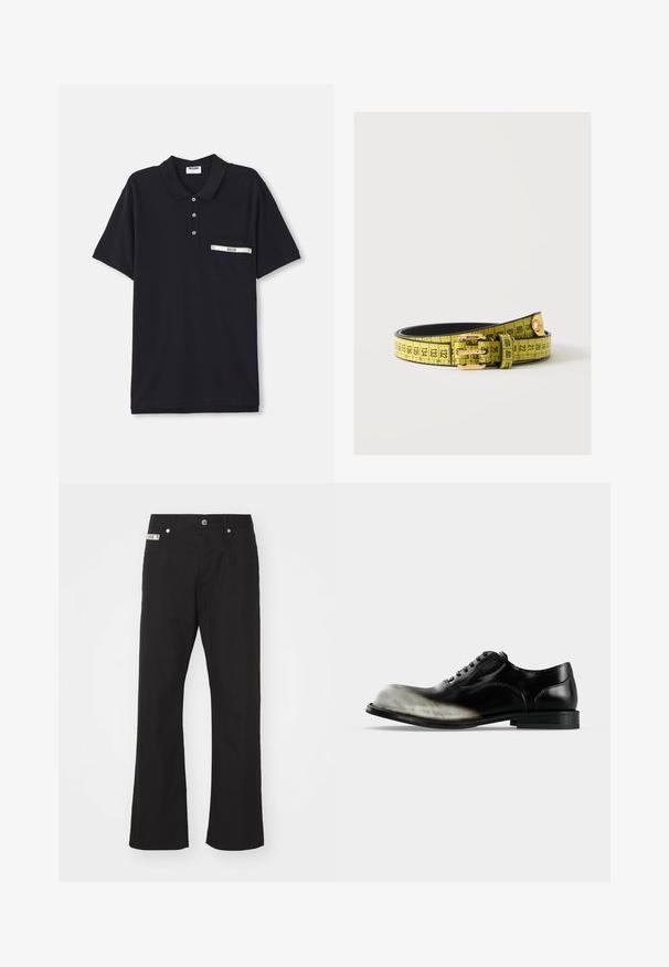 Polo negru din bumbac, cu guler cu trei butoane, mâneci scurte și un buzunar pe piept cu un accent argintiu și etichetă.; Pantaloni negri din bumbac cu un design drept, având o închidere frontală cu buton, două buzunare laterale și un mic etichetă a brandului pe talie.; Pantof de piele neagră pentru ținută elegantă, cu o deteriorare sau decolorare gri proeminentă care acoperă zona din față a vârfului piciorului, prezentat pe un fundal alb simplu.; Curea galbenă cu marcaje negre de bandă de măsurat și cataramă aurie cu marca Moschino, rulată pe o suprafață albă.