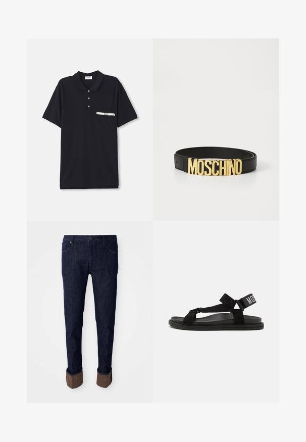 Zwarte polo shirt van katoen met een drieknoopsluiting, korte mouwen en een borstzak met een zilveren accent en label.; Donkerblauwe denim jeans met een rechte pasvorm, voorzien van opgerolde manchetten in een gestructureerd bruin materiaal met een logo-patroon. Standaard vijf-pocket ontwerp.; Zwarte sandaal van suede en rubber, met kruislings geïnterde banden en een brede verstelbare enkelband met het woord "MOSS" in het wit.; Zwarte leren riem met een grote gouden "MOSCHINO" logo gesp, gladde textuur, verstelbare maat en minimalistisch ontwerp.