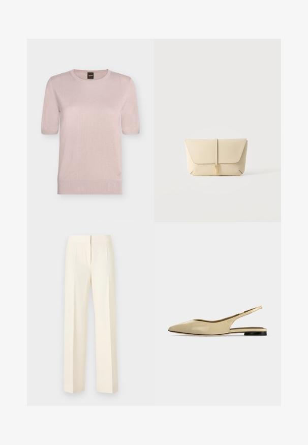 Pull en maille rose clair à manches courtes avec col rond, poignets et ourlet côtelés, et un petit logo brodé près de l'ourlet inférieur.; Pantalon droit sur mesure couleur blanc cassé avec pli avant, ceinture et fermeture avant dissimulée sur un fond uni.; Chaussure plate beige à bout pointu avec bride arrière, petit talon noir et finition en cuir lisse, vue de côté sur un fond uni.; Pochette en cuir beige avec rabat avant et fermeture par sangle verticale, sur un fond clair uni.