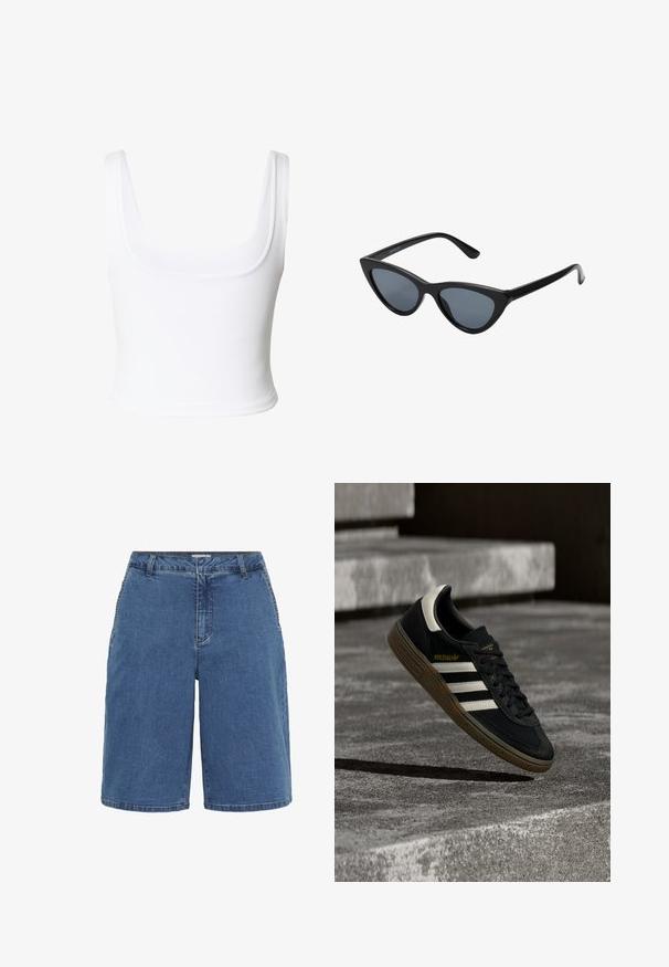 Top corto blanco con tirantes anchos y escote cuadrado hecho de tela lisa.; Shorts de denim con un lavado azul, con un corte clásico, cinco bolsillos y costuras en contraste en las costuras. Cintura de altura media y pierna recta.; Zapatilla negra de Adidas con rayas blancas y suela de goma flotando sobre escalones de concreto gris a la luz natural.; Gafas de sol negras en forma de ojo de gato con lentes gris oscuro, marco de plástico elegante, esquinas puntiagudas y patillas rectas. Sin herrajes ni acentos visibles.