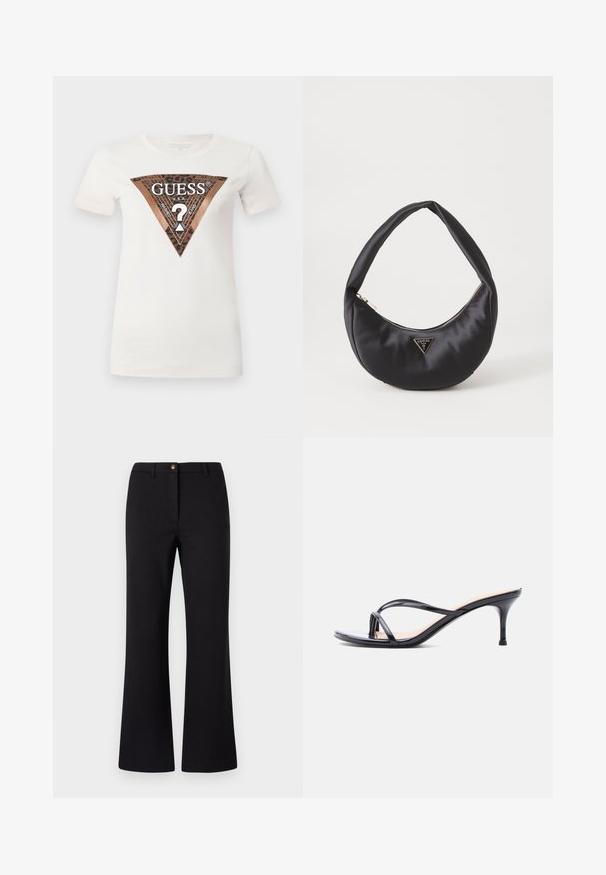 Camiseta de algodón blanca con un gran gráfico triangular en marrón y negro que presenta un diseño de ojal y el texto "GUESS U.S.A." en el centro.; Pantalones negros de campana hechos de una tela suave, con cierre de botón en la parte frontal, presillas para cinturón y un diseño limpio y ajustado.; Sandalia de tacón de charol negro con tiras finas cruzadas y un tacón de aguja delgado de altura media, sobre un fondo blanco.; Bolso de satén negro con forma curva, que cuenta con un cierre de cremallera y un logo triangular en metal en la parte delantera. Textura suave y diseño elegante.