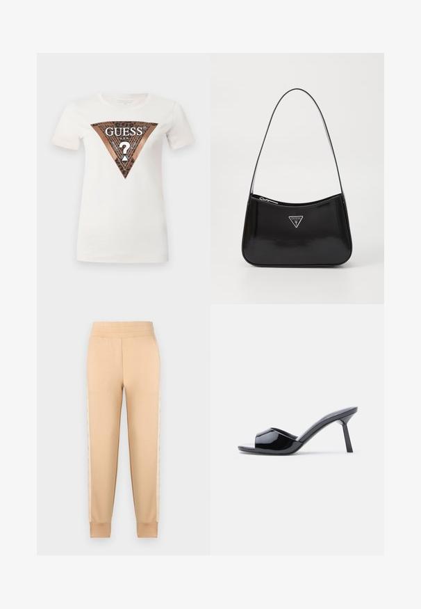 Camiseta de algodón blanca con un gran gráfico triangular en marrón y negro que presenta un diseño de ojal y el texto "GUESS U.S.A." en el centro.; Pantalones de chándal beige con una textura suave, que presentan un diseño tapered, cintura elástica y paneles laterales estampados.; Sandalias de tacón con punta abierta de charol negro, con un diseño superior curvado y tacón de aguja cónico. Acabado liso y brillante.; Bolso de hombro de charol negro con forma curva, que presenta un logotipo triangular plateado y un cierre de cremallera. Textura suave y correa delgada.
