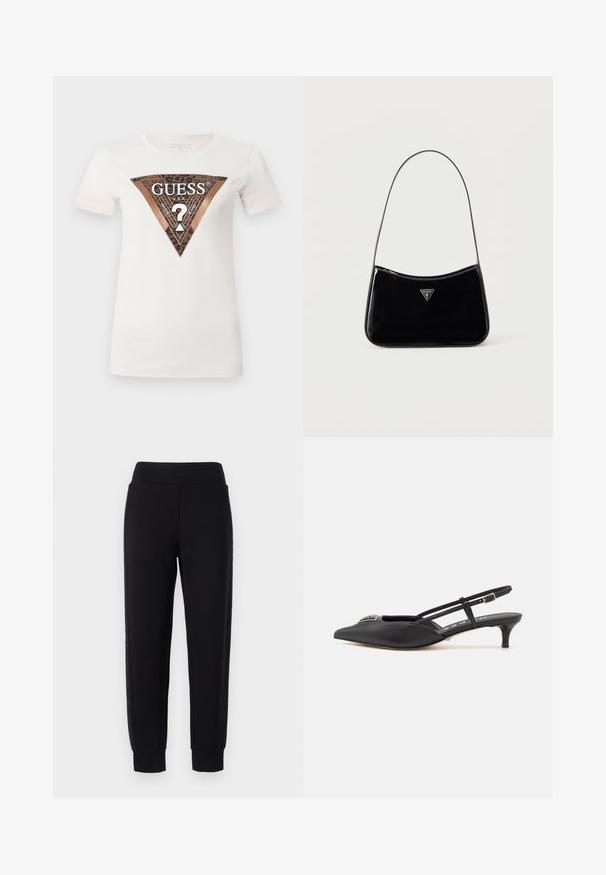 Camiseta de algodón blanca con un gran gráfico triangular en marrón y negro que presenta un diseño de ojal y el texto "GUESS U.S.A." en el centro.; Pantalones deportivos negros con piernas ajustadas, que cuentan con una amplia cinturilla elástica y paneles laterales texturizados. Hechos de un material suave y elástico.; Zapatos slingback negros con punta afilada, hechos de material suave, con un pequeño tacón y un acento decorativo plateado en el empeine.; Bolso de hombro de charol negro con correa delgada, logotipo triangular de Guess en el frente y cierre superior con cremallera.