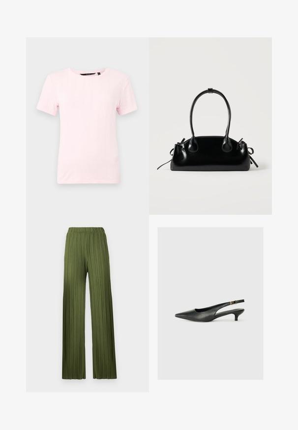 Camiseta de manga corta, color rosa claro, fabricada con tejido de punto texturizado, con un escote redondo y patrón de canalé vertical.; Pantalones anchos plisados verdes con cintura elástica. La tela texturizada presenta rayas verticales que crean una apariencia fluida.; Zapato de tacón slingback negro de punta afilada, hecho de cuero suave. Presenta un tacón delgado y un detalle de hebilla en la correa ajustable.; Pequeño bolso negro brillante con dos asas largas y detalles de cordón lateral sobre un fondo claro liso.