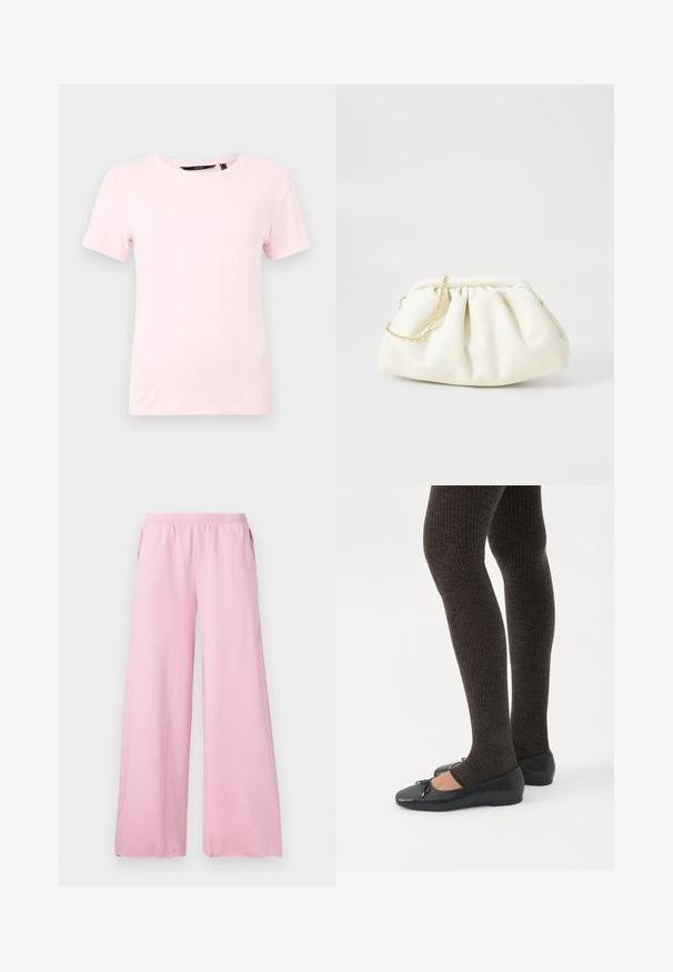 Korte mouwen, lichtroze t-shirt van textuur gebreide stof met een ronde halslijn en een verticale ribbelpatroon.; Roze wijde broek gemaakt van zachte stof met een elastische tailleband en zijzakken. Heeft een recht, vloeiend model.; Benen met donkere geribbelde leggings gecombineerd met zwarte ballerina's met kleine strikdetails op een witte achtergrond.; Witte leren handtas met een geassembleerd ontwerp, voorzien van een gouden kettingband en een ronde vorm. Gladde textuur met zachte plooien en geen patronen.