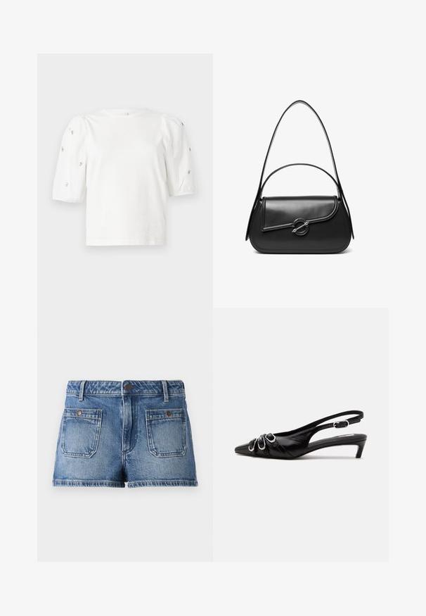 Hvid bomulds t-shirt med korte puffærmer, med små sølv detaljer langs ærmerne. Klassisk rund halsudskæring, afslappet pasform.; Denim shorts i lys blå med en falmet finish, fem-lomme design, to forlommer, to baglommer og en knaplukning i taljen.; Sort læder slingback sko med spids tå, tre sølvspænder på forsiden og lav lille hæl på hvid baggrund.; Sort skuldertaske i læder med en buet klap, der er fastgjort med en rund metal spænde, og en slank, justerbar rem.